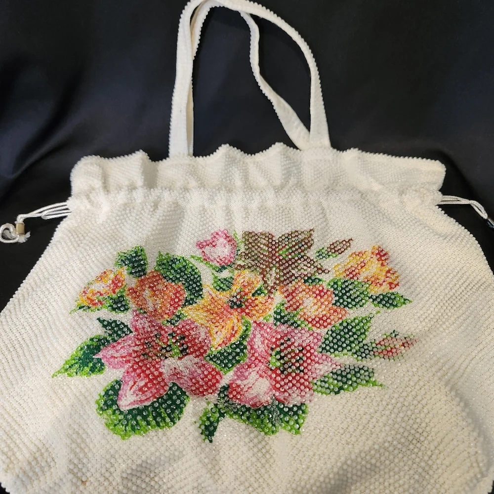 Floral Beaded‎ Satchel Colorful Drawstring Handles Bohemian Hippie Bloomcore